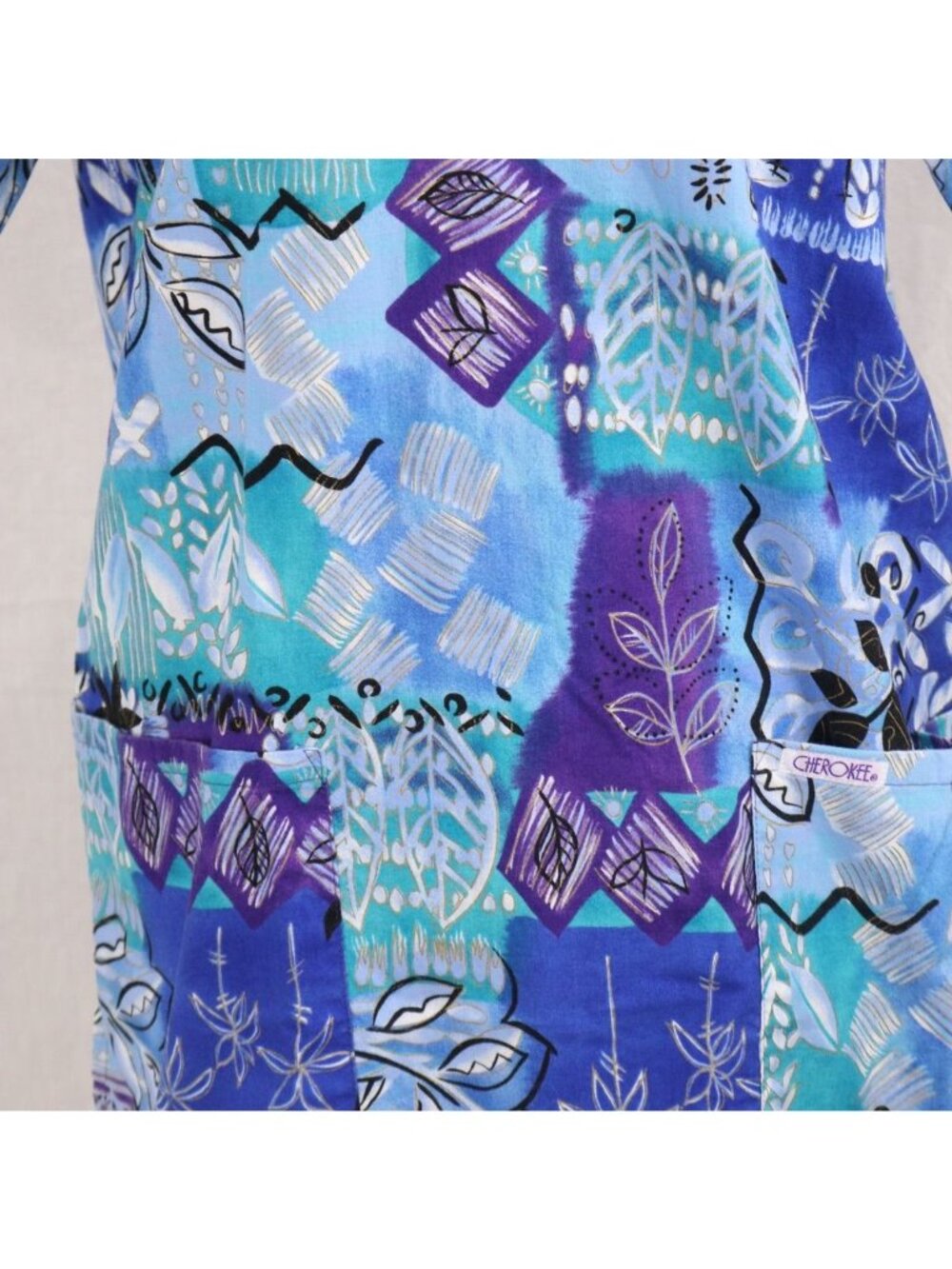 Scrub Top Women S Blue Abstract Patchwork Tribal Boho Y2K Festival Motif Shirt - Picture 6 of 12